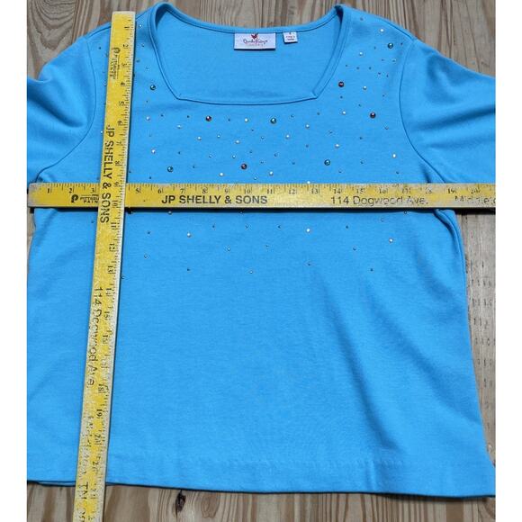 Quacker Factory Rhinestone Embellished Short Sleeve Top Blue Sz S Colorful Gems - Picture 6 of 7